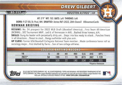 2022 Bowman Draft Drew Gilbert BD-152 Houston Astros