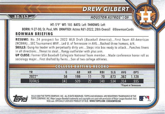 2022 Bowman Draft Drew Gilbert BD-152 Houston Astros