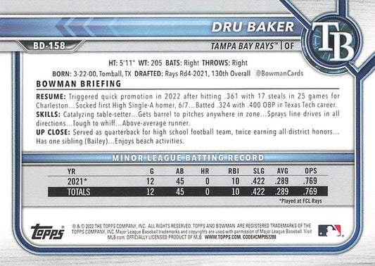 2022 Bowman Draft Dru Baker BD-158 Tampa Bay Rays