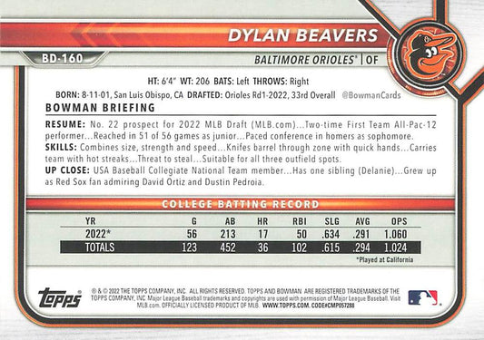 2022 Bowman Draft Dylan Beavers FBC 1st Bowman BD-160 Baltimore Orioles