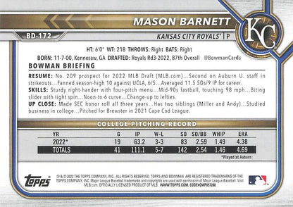 2022 Bowman Draft Mason Barnett FBC 1st Bowman BD-172 Kansas City Royals