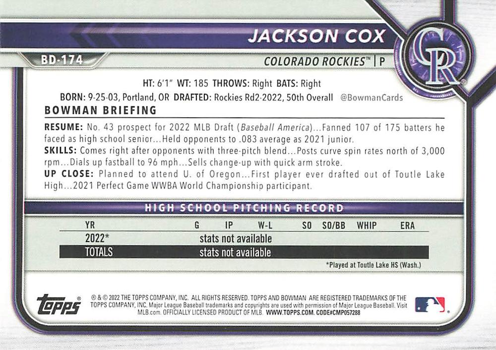 2022 Bowman Draft Jackson Cox FBC 1st Bowman BD-174 Colorado Rockies