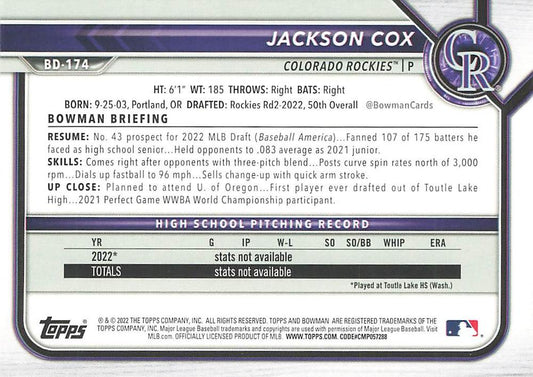 2022 Bowman Draft Jackson Cox FBC 1st Bowman BD-174 Colorado Rockies