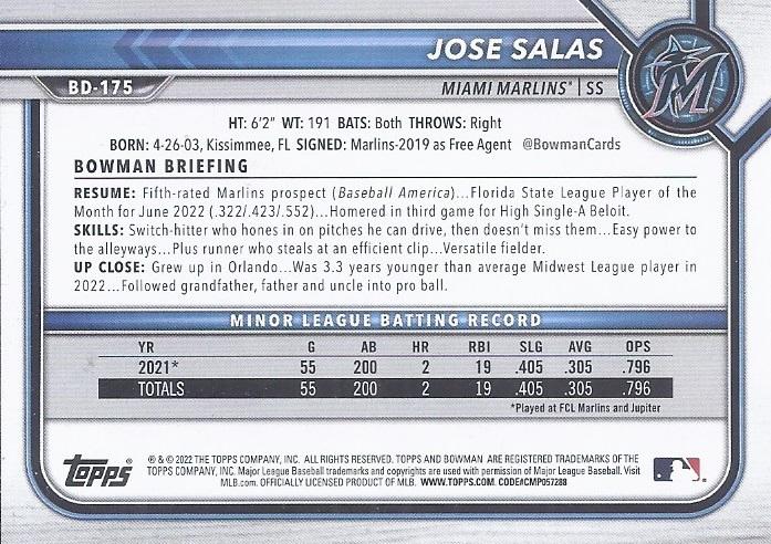2022 Bowman Draft Jose Salas BD-175 Miami Marlins