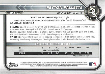 2022 Bowman Draft Peyton Pallette FBC 1st Bowman BD-177 Chicago White Sox
