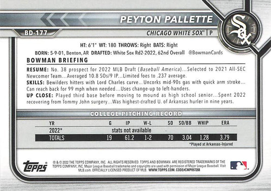 2022 Bowman Draft Peyton Pallette FBC 1st Bowman BD-177 Chicago White Sox