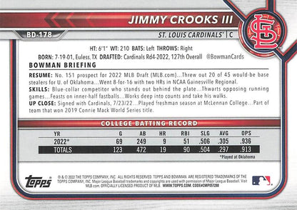 2022 Bowman Draft Jimmy Crooks III FBC 1st Bowman BD-178 St. Louis Cardinals