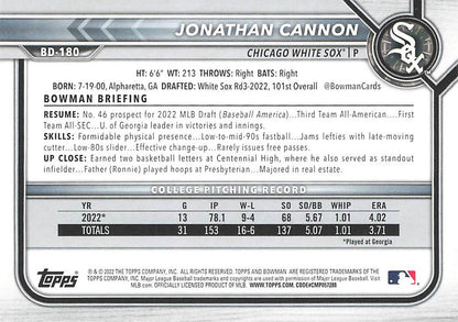 2022 Bowman Draft Jonathan Cannon BD-180 Chicago White Sox