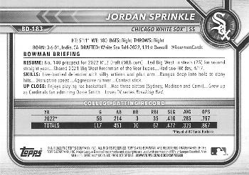 2022 Bowman Draft Jordan Sprinkle FBC 1st Bowman BD-183 Chicago White Sox