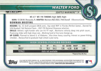 2022 Bowman Draft Walter Ford FBC 1st Bowman BD-187 Seattle Mariners
