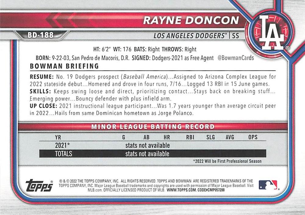 2022 Bowman Draft Rayne Doncon BD-188 Los Angeles Dodgers