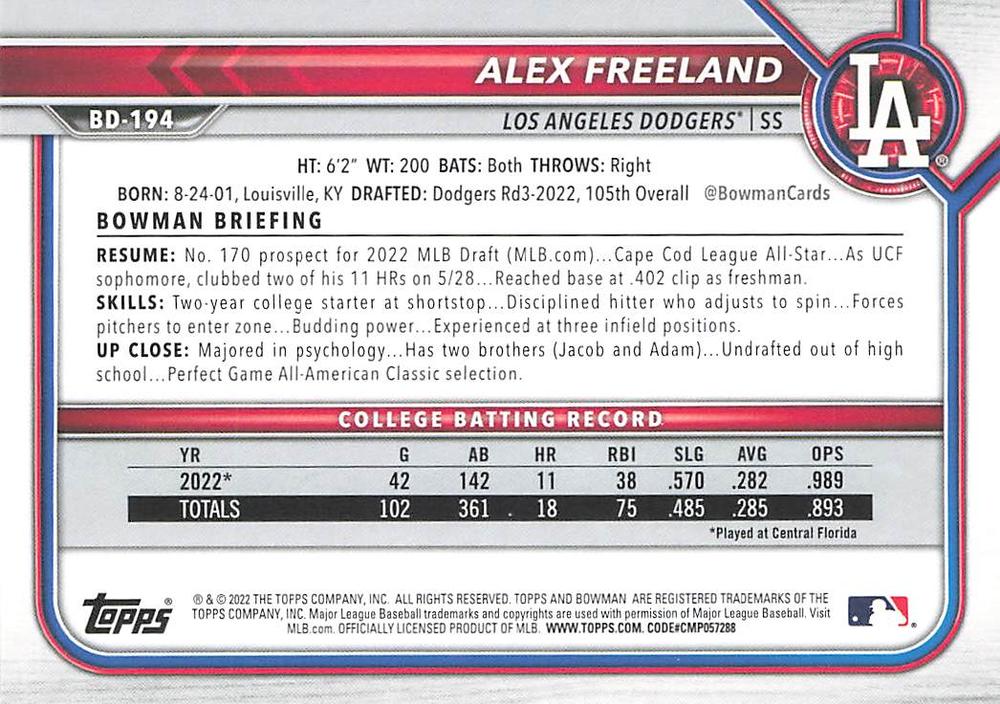 2022 Bowman Draft Alex Freeland FBC 1st Bowman BD-194 Los Angeles Dodgers