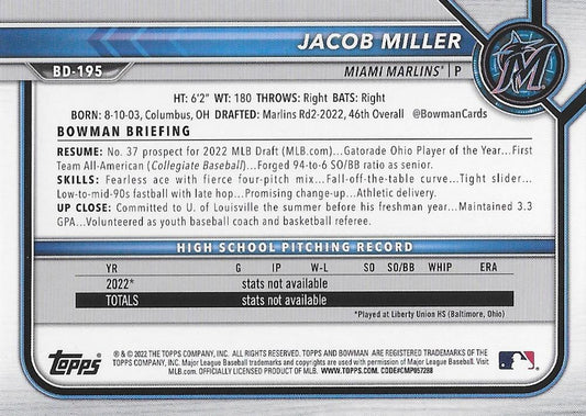 2022 Bowman Draft Jacob Miller FBC 1st Bowman BD-195 Miami Marlins