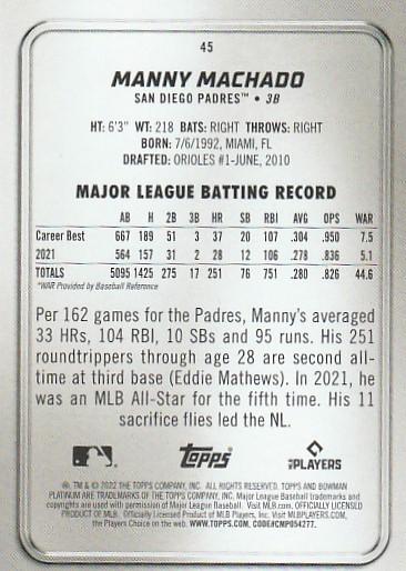 2022 Bowman Platinum Base Manny Machado #45 San Diego Padres