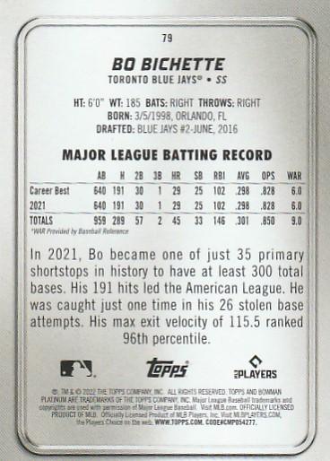 2022 Bowman Platinum Base Bo Bichette #79 Toronto Blue Jays