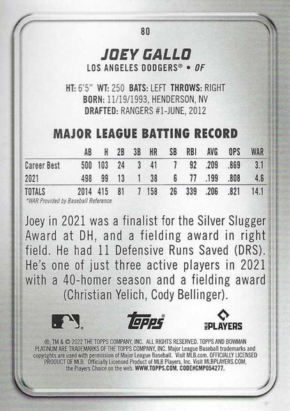 2022 Bowman Platinum Base Joey Gallo #80 Los Angeles Dodgers