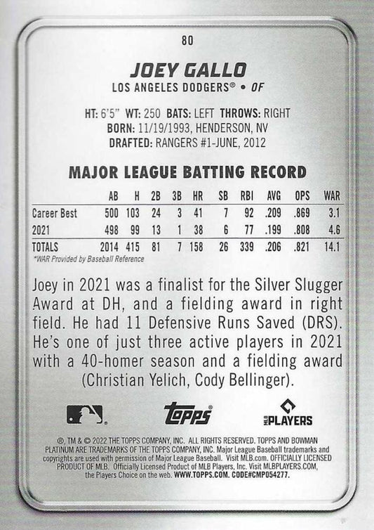2022 Bowman Platinum Base Joey Gallo #80 Los Angeles Dodgers