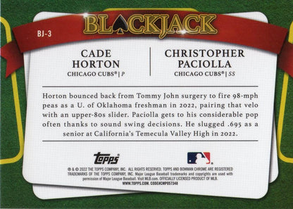 2022 Bowman Draft Blackjack Christopher Paciolla / Cade Horton BJ-3 Chicago Cubs
