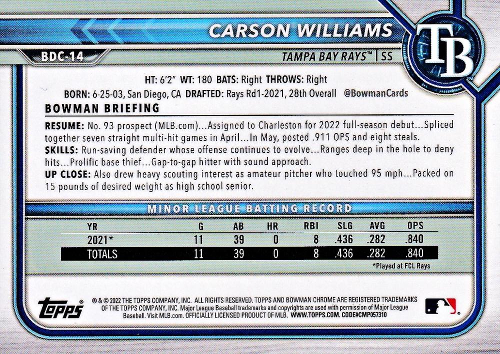 2022 Bowman Chrome Refractor Carson Williams BDC-14 Tampa Bay Rays