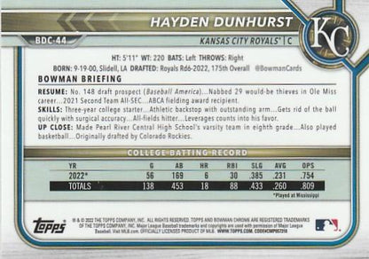 2022 Bowman Chrome Refractor Hayden Dunhurst BDC-44 Kansas City Royals