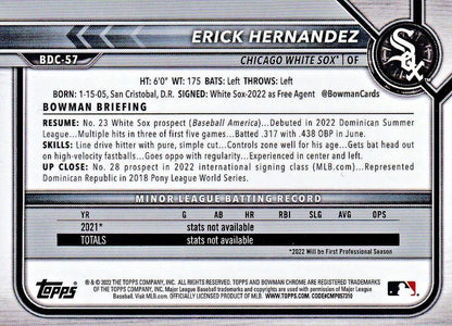 2022 Bowman Chrome Refractor Erick Hernandez BDC-57 Chicago White Sox