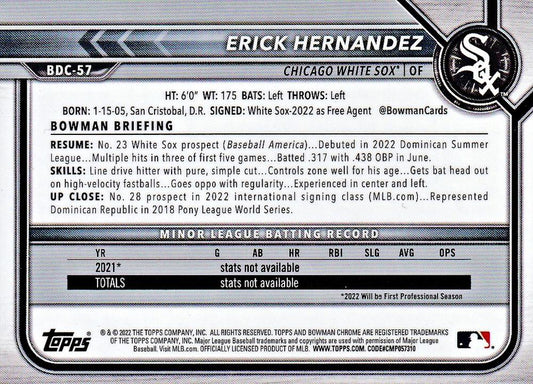 2022 Bowman Chrome Refractor Erick Hernandez BDC-57 Chicago White Sox