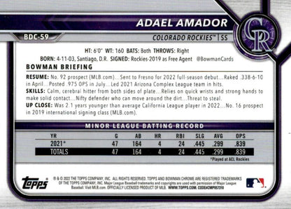 2022 Bowman Chrome Refractor Adael Amador BDC-59 Colorado Rockies