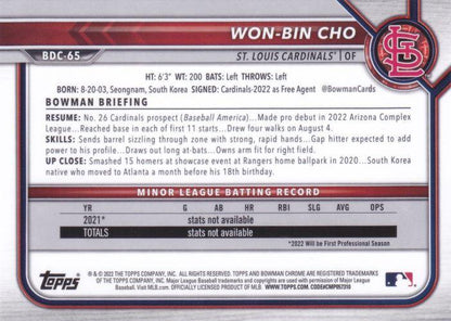2022 Bowman Chrome Refractor Won-Bin Cho BDC-65 St. Louis Cardinals