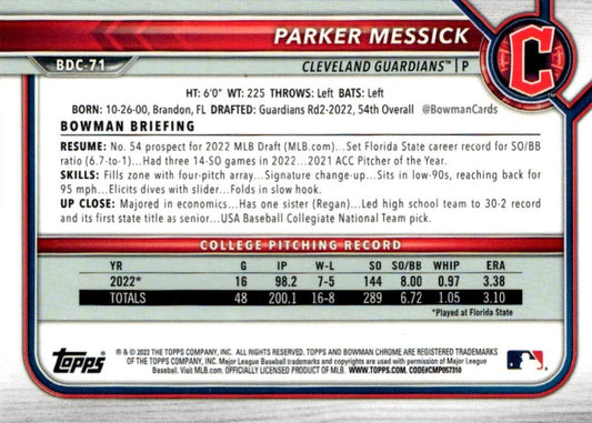 2022 Bowman Chrome Refractor Parker Messick BDC-71 Cleveland Guardians