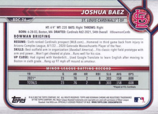 2022 Bowman Chrome Refractor Joshua Baez BDC-76 St. Louis Cardinals