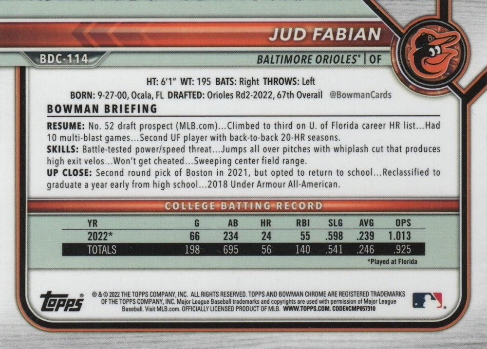 2022 Bowman Chrome Refractor Jud Fabian BDC-114 Baltimore Orioles