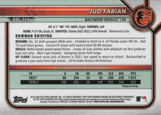 2022 Bowman Chrome Refractor Jud Fabian BDC-114 Baltimore Orioles