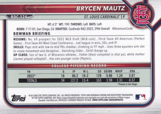 2022 Bowman Chrome Refractor Brycen Mautz BDC-124 St. Louis Cardinals