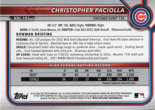2022 Bowman Chrome Refractor Christopher Paciolla BDC-185 Chicago Cubs