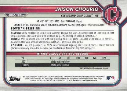 2022 Bowman Chrome Refractor Jaison Chourio BDC-189 Cleveland Guardians