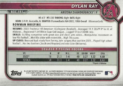 2022 Bowman Chrome Refractor Dylan Ray BDC-191 Arizona Diamondbacks