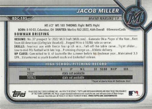 2022 Bowman Chrome Refractor Jacob Miller BDC-195 Miami Marlins