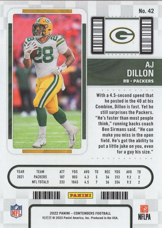 2022 Panini Contenders Season Ticket AJ Dillon # 42 Green Bay Packers