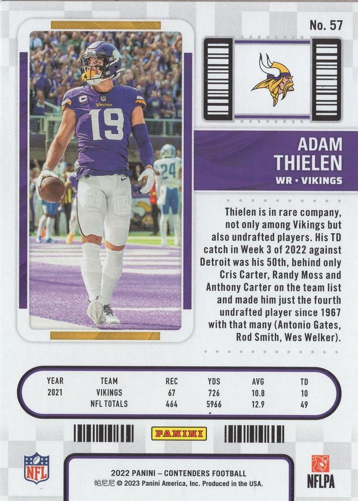 2022 Panini Contenders Season Ticket Adam Thielen # 57 Minnesota Vikings