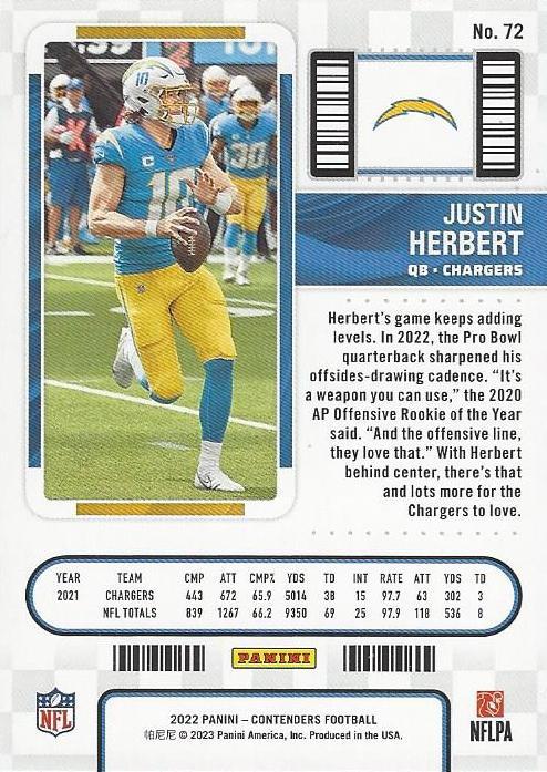 2022 Panini Contenders Season Ticket Justin Herbert # 72 Los Angeles Chargers