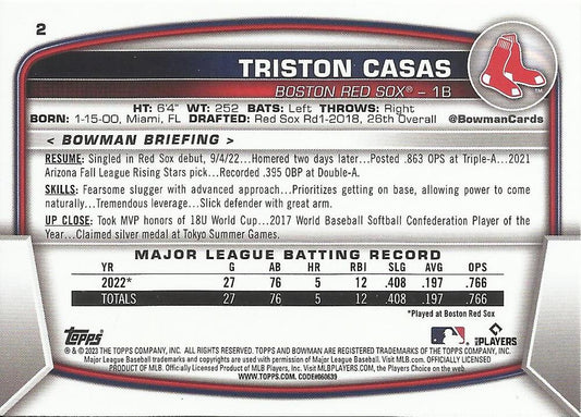 2023 Bowman Triston Casas RC #2 Boston Red Sox