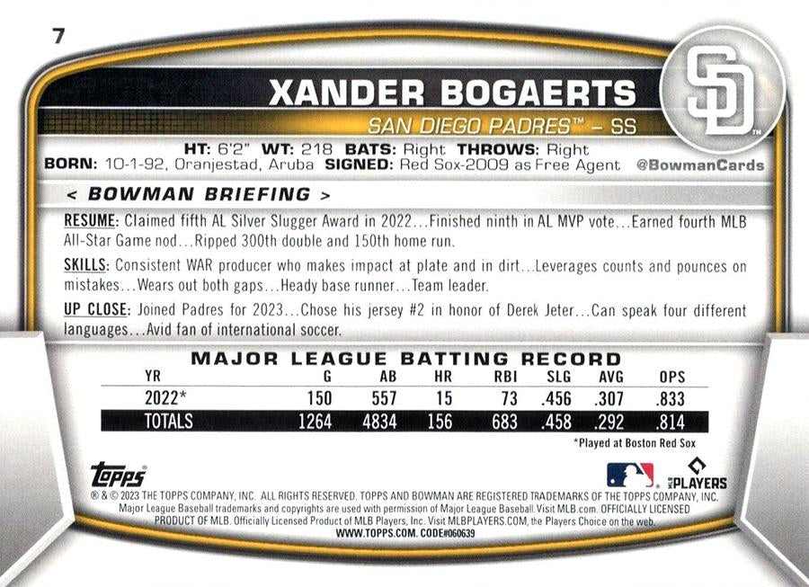 2023 Bowman Xander Bogaerts #7 San Diego Padres