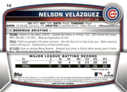 2023 Bowman Nelson Velazquez RC #12 Chicago Cubs