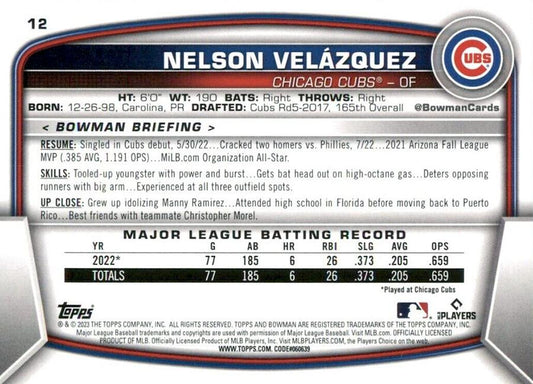 2023 Bowman Nelson Velazquez RC #12 Chicago Cubs