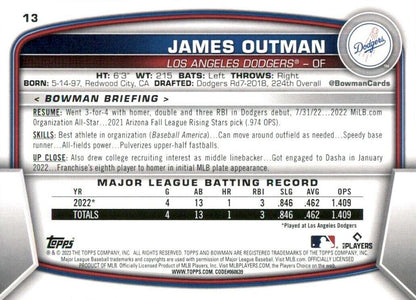 2023 Bowman James Outman RC #13 Los Angeles Dodgers