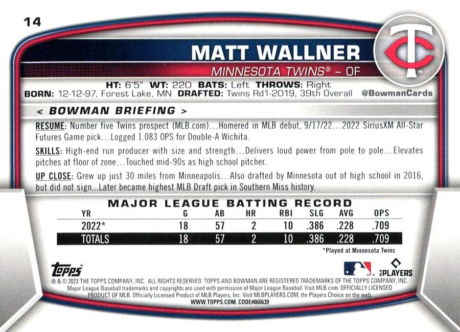 2023 Bowman Matt Wallner RC #14 Minnesota Twins