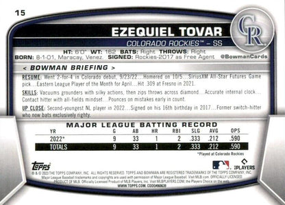 2023 Bowman Ezequiel Tovar RC #15 Colorado Rockies