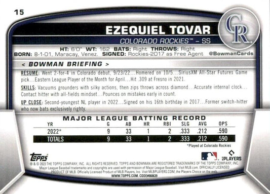 2023 Bowman Ezequiel Tovar RC #15 Colorado Rockies