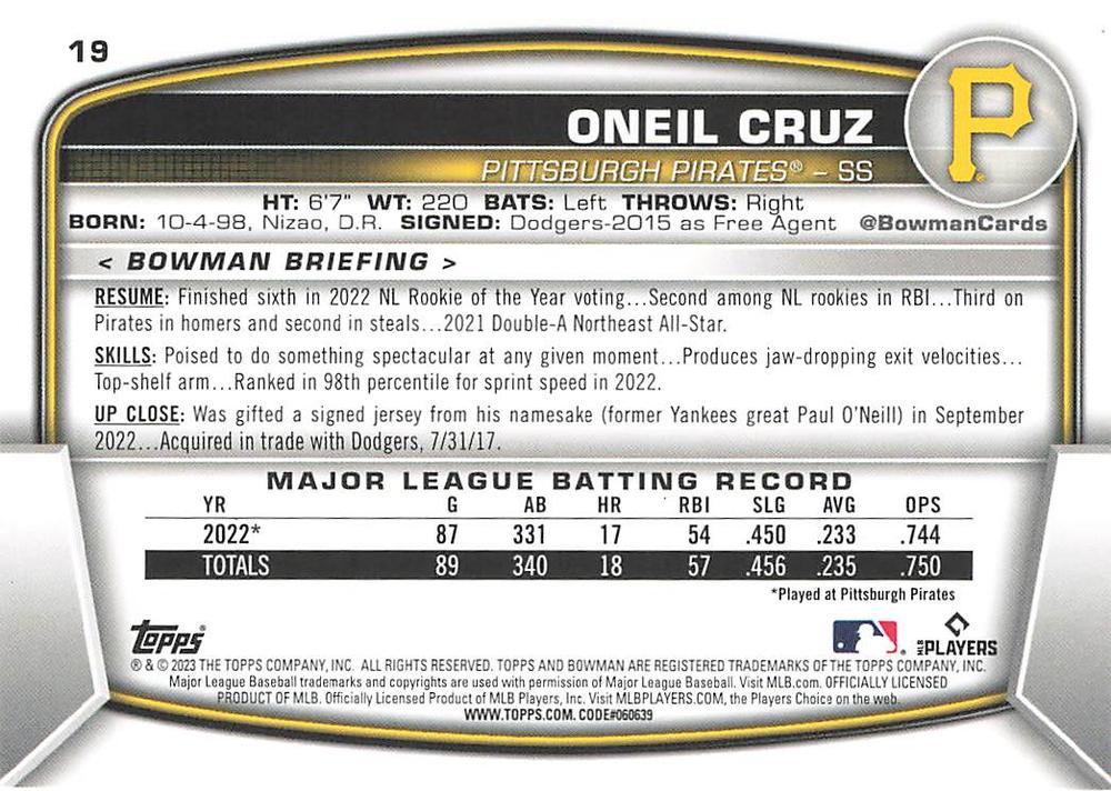 2023 Bowman Oneil Cruz #19 Pittsburgh Pirates