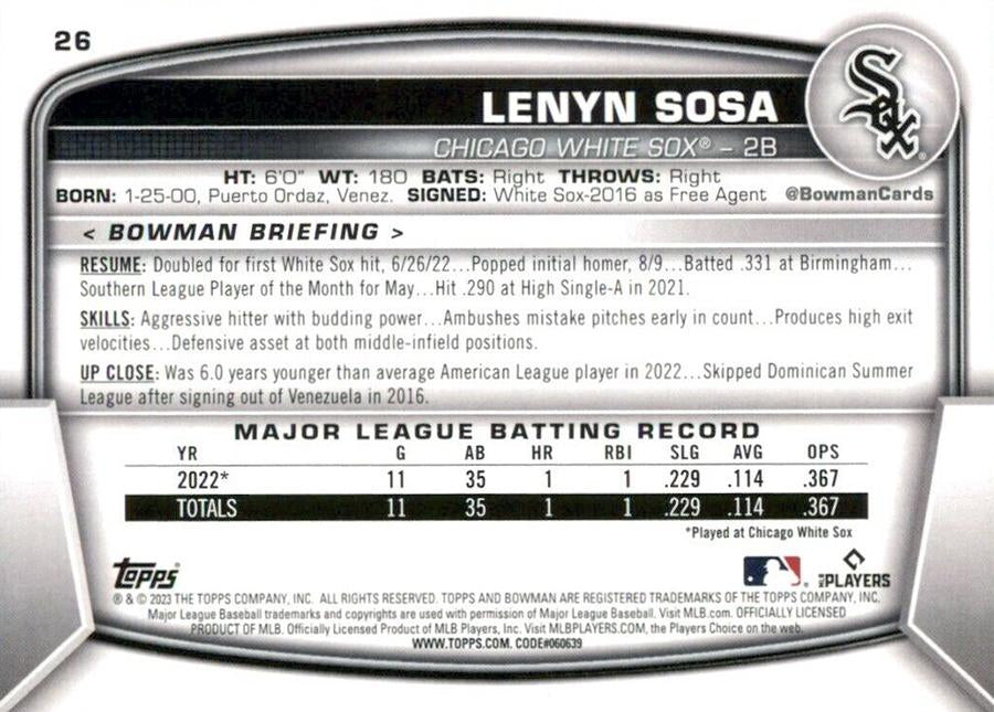 2023 Bowman Lenyn Sosa RC #26 Chicago White Sox